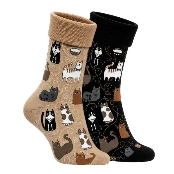 OXSOX GOLD dámské barevné teplé froté ohrnovací ponožky kočičky mix - 65009 - 2 páry