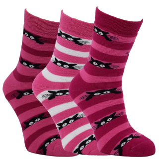 VIO dětské barevné teplé froté bavlněné pruhované ponožky kočičky holka - 85011 -  3 páry