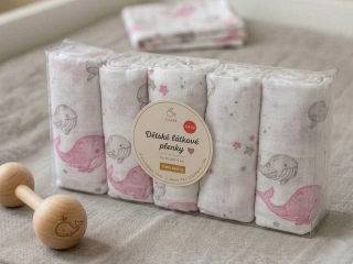 Látková plena 70x70 cm Velryba růžová (balení 5 ks)