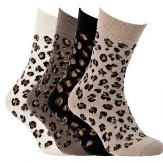 OXSOX dámské barevné teplé froté ohrnovací ponožky s leopardím vzorem mix - 65029 - 4 páry
